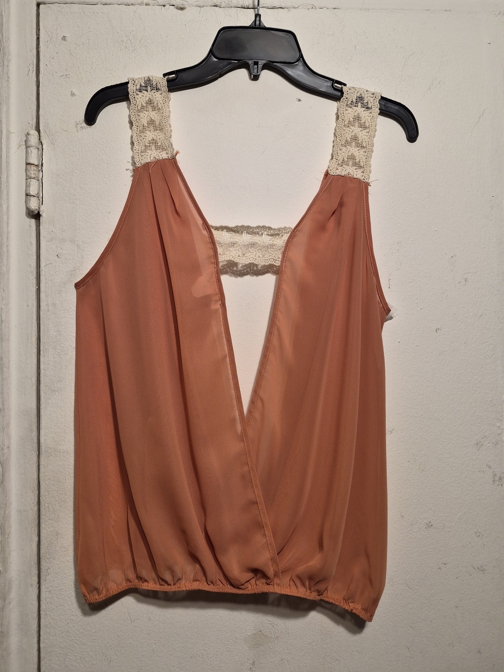 January 7 Rust Orange Sleeveless Plunging Neckline Cream Lace Straps Blouse SZ L